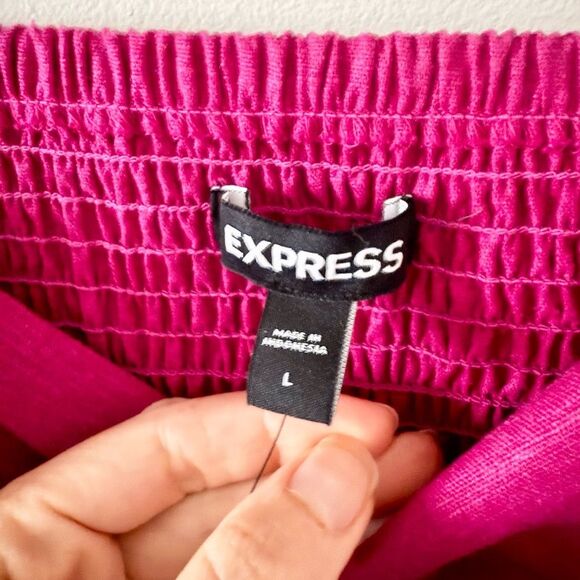 NWT Express Linen Blend Side Tie Mini Dress with Smocked Back in Dark Pink L - Picture 5 of 8